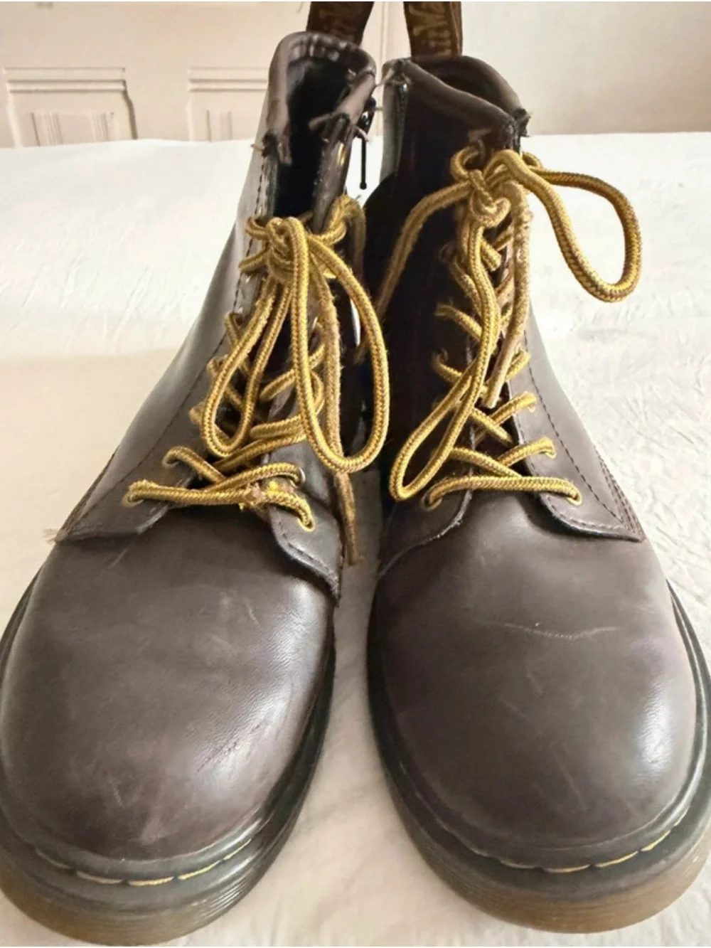 Dr. Martens Kids Brown Leather Lace-Up Boots with Yellow Laces